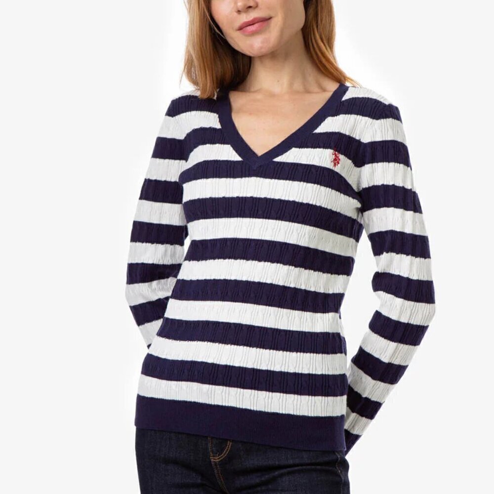 U.S. Polo Assn. V-neck Stripe Cable Sweater Navy Blue & White Women's Size L NWT